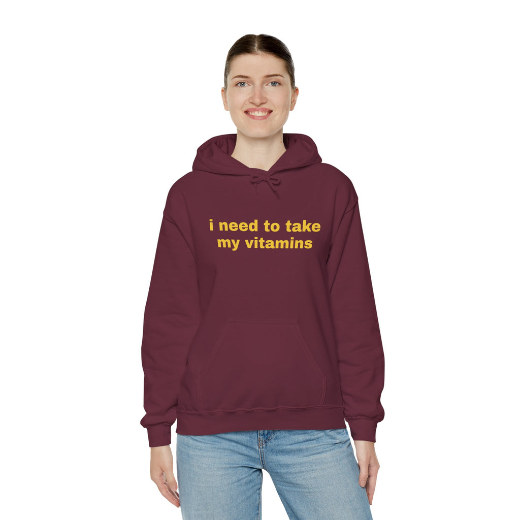 Vitamin Reminder Hoodie – “I need to take my vitamins” Cozy Pullover with Pill Bottle Back Print