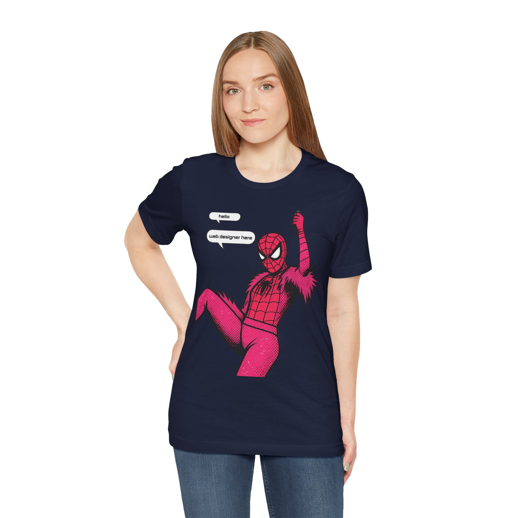 Graphic Tee — Pink Spider Costume with Speech Bubbles (“Hello” / “Add designer here”)