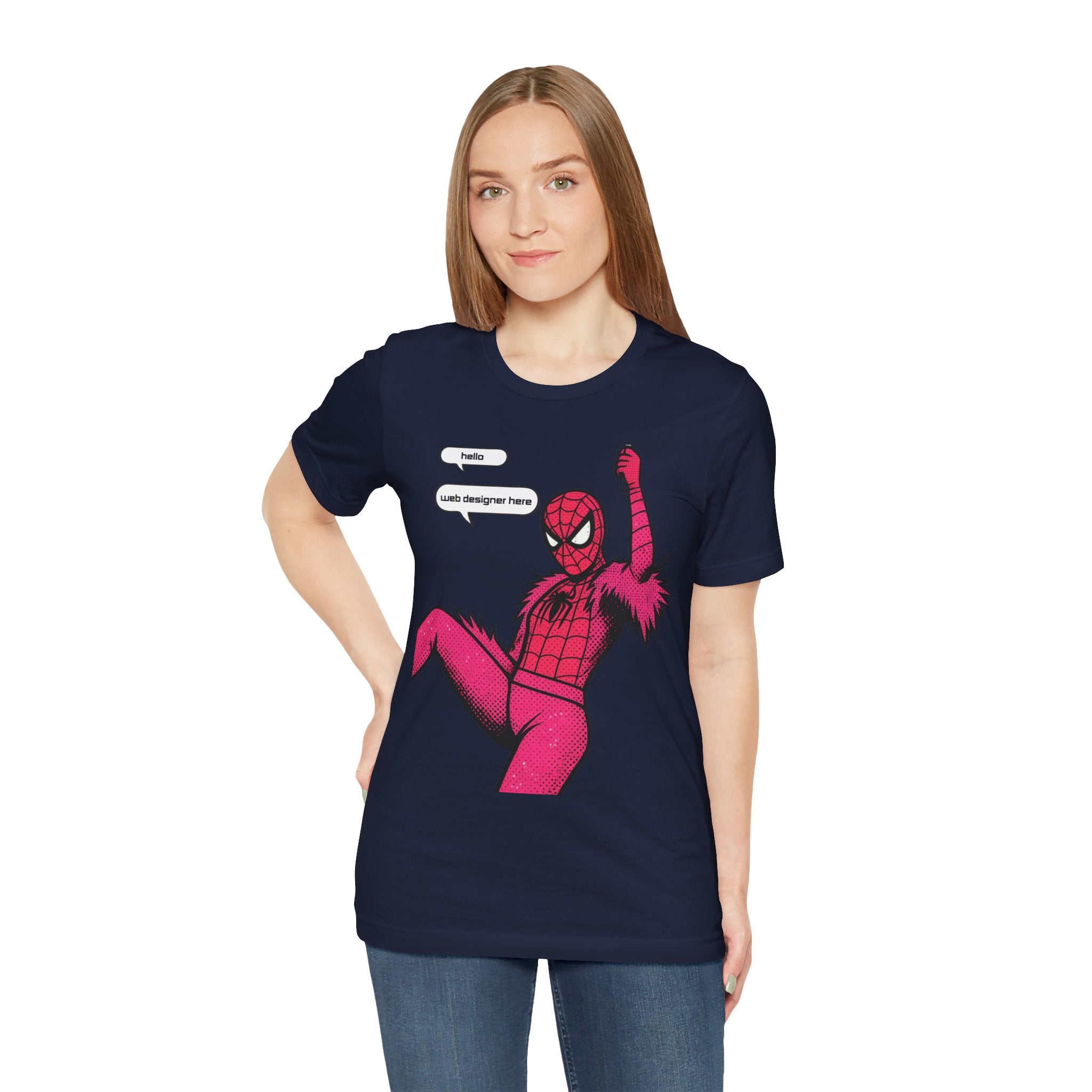 Graphic Tee — Pink Spider Costume with Speech Bubbles (“Hello” / “Add designer here”)