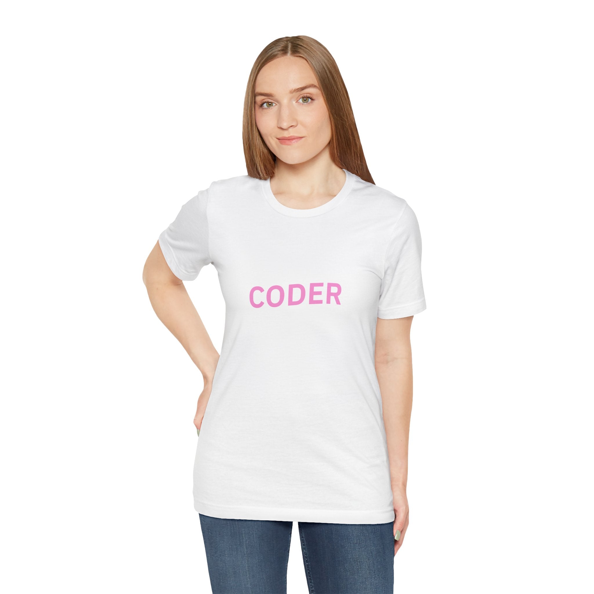Coder Graphic Tee — Minimal Pink Text Programmer T‑Shirt