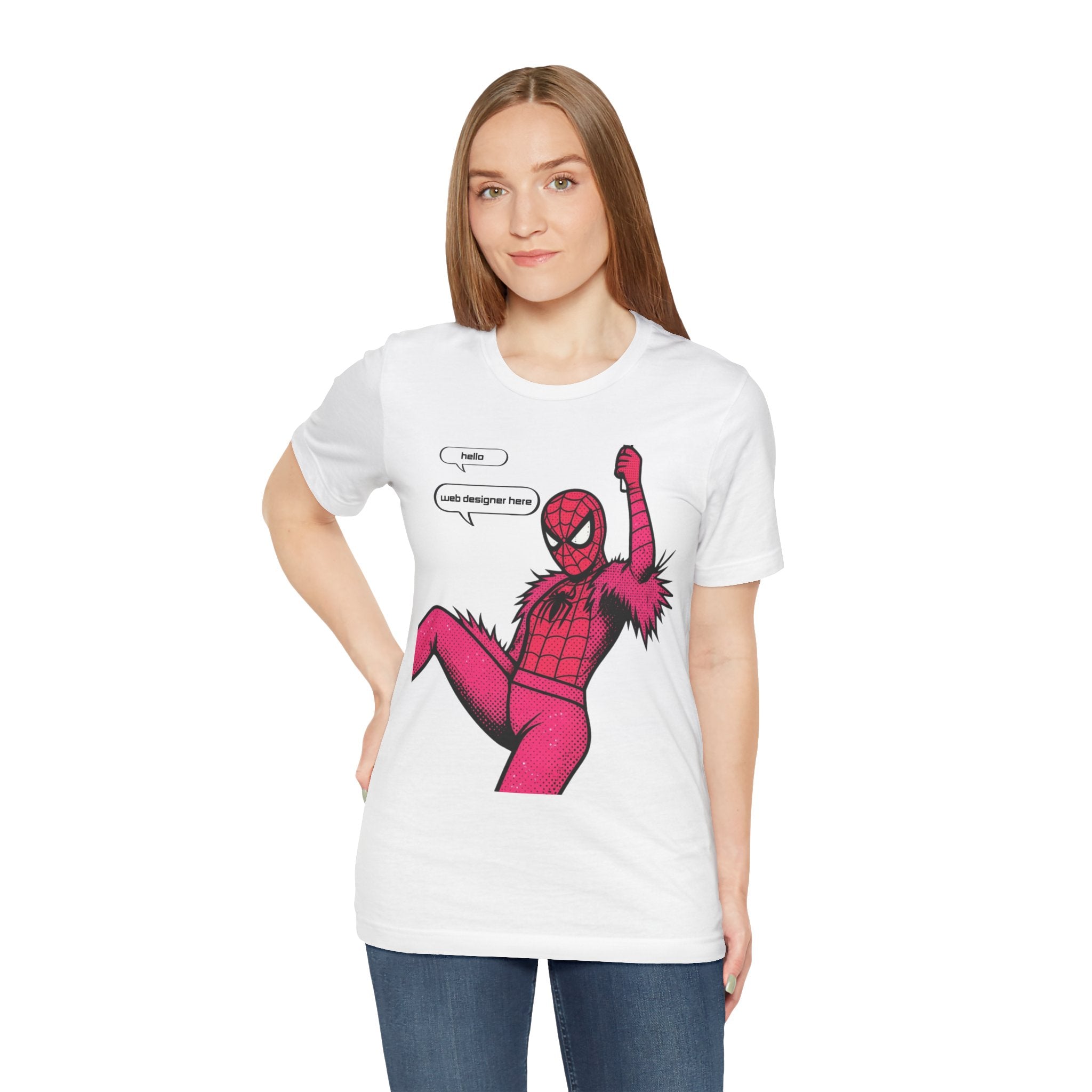 Graphic Tee — Pink Spider Costume with Speech Bubbles (“Hello” / “Add designer here”)