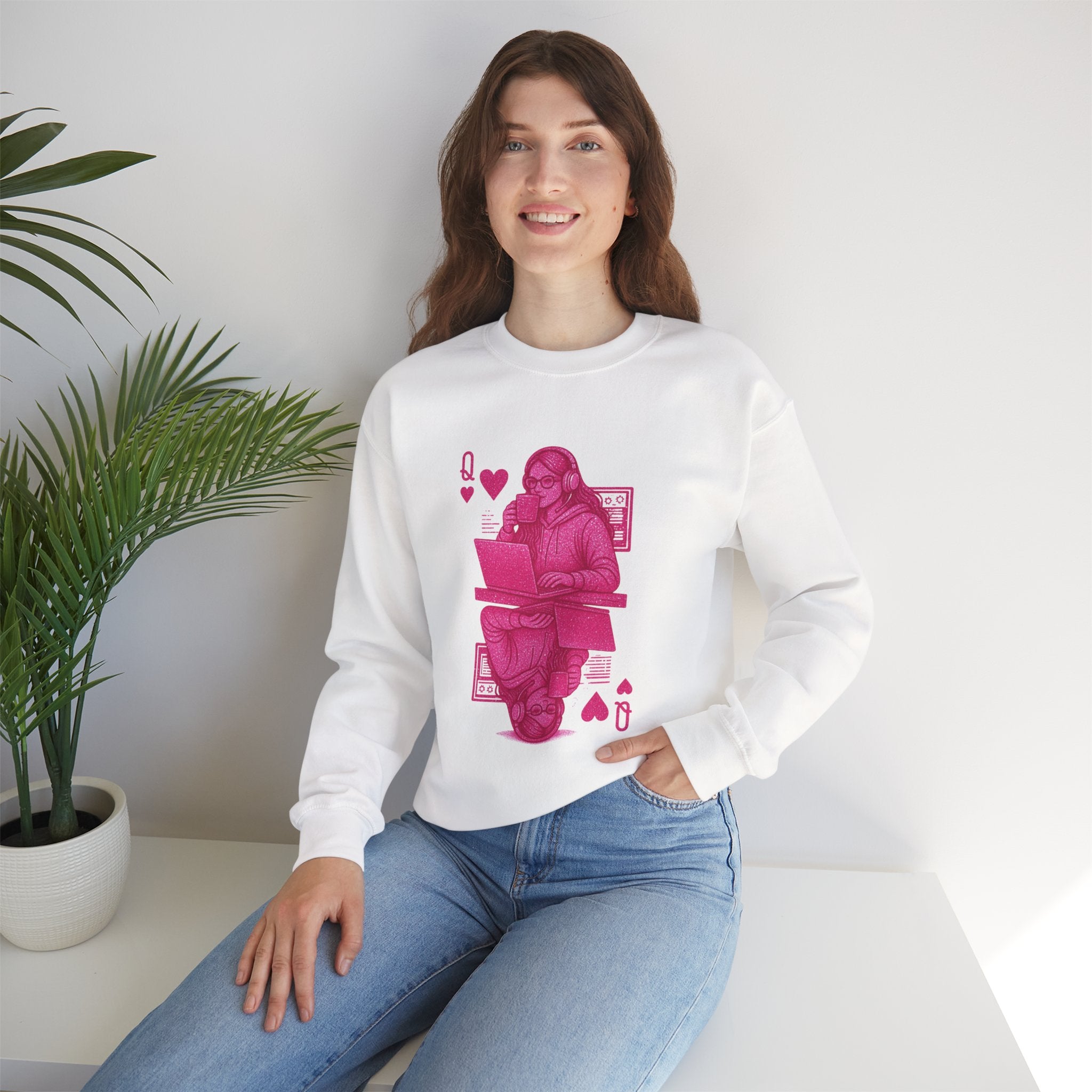 Crewneck Sweatshirt — Pink Gamer Queen Playing Card Design