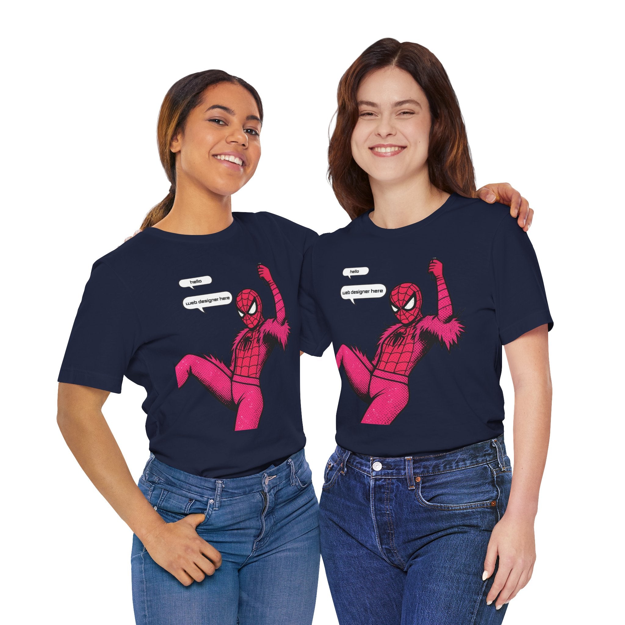 Graphic Tee — Pink Spider Costume with Speech Bubbles (“Hello” / “Add designer here”)