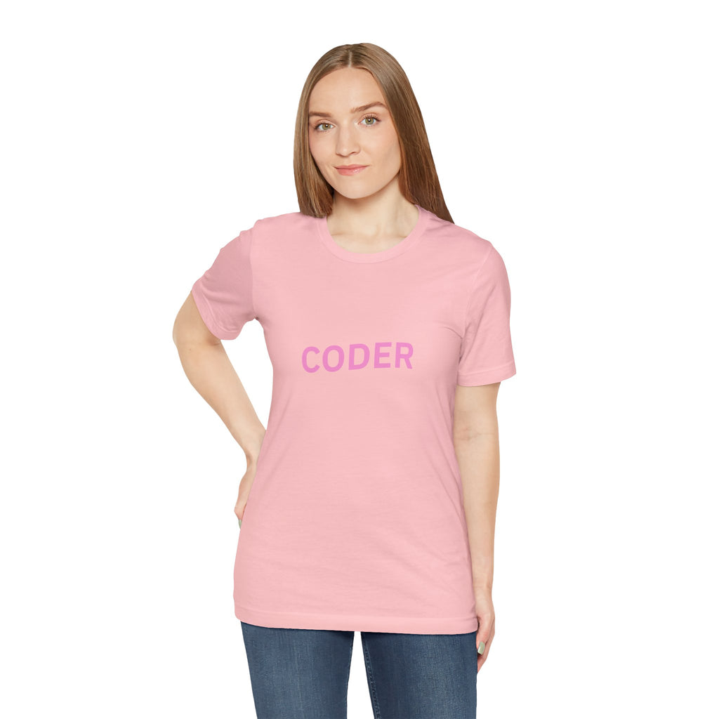 Coder Graphic Tee — Minimal Pink Text Programmer T‑Shirt
