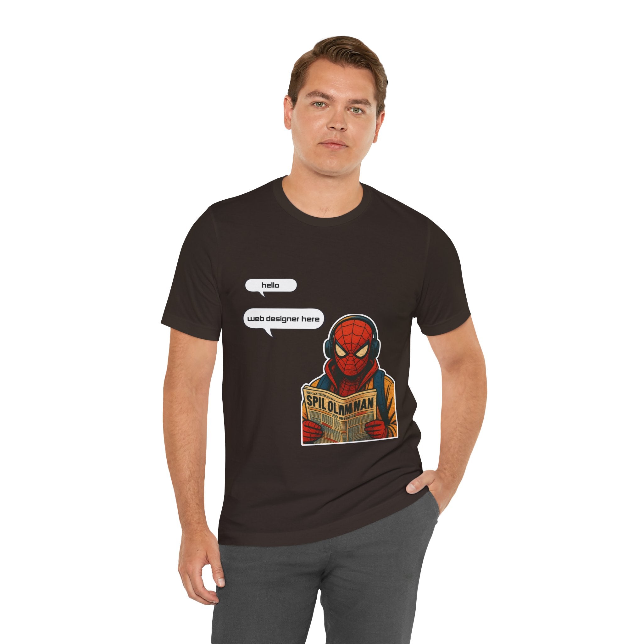 Spider Comic Tee - Reading 'SPIL OLMAN' Graphic T-Shirt