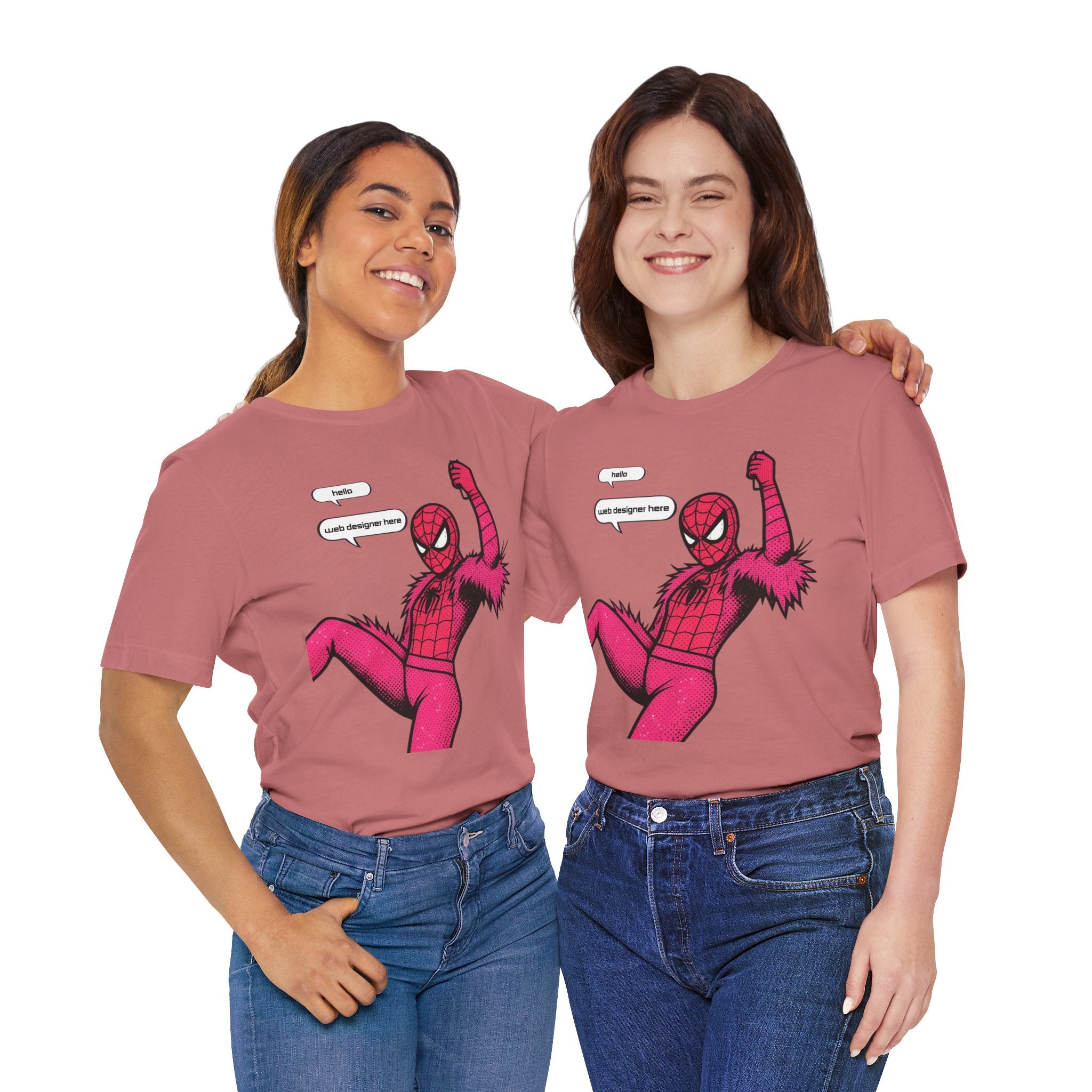 Graphic Tee — Pink Spider Costume with Speech Bubbles (“Hello” / “Add designer here”)