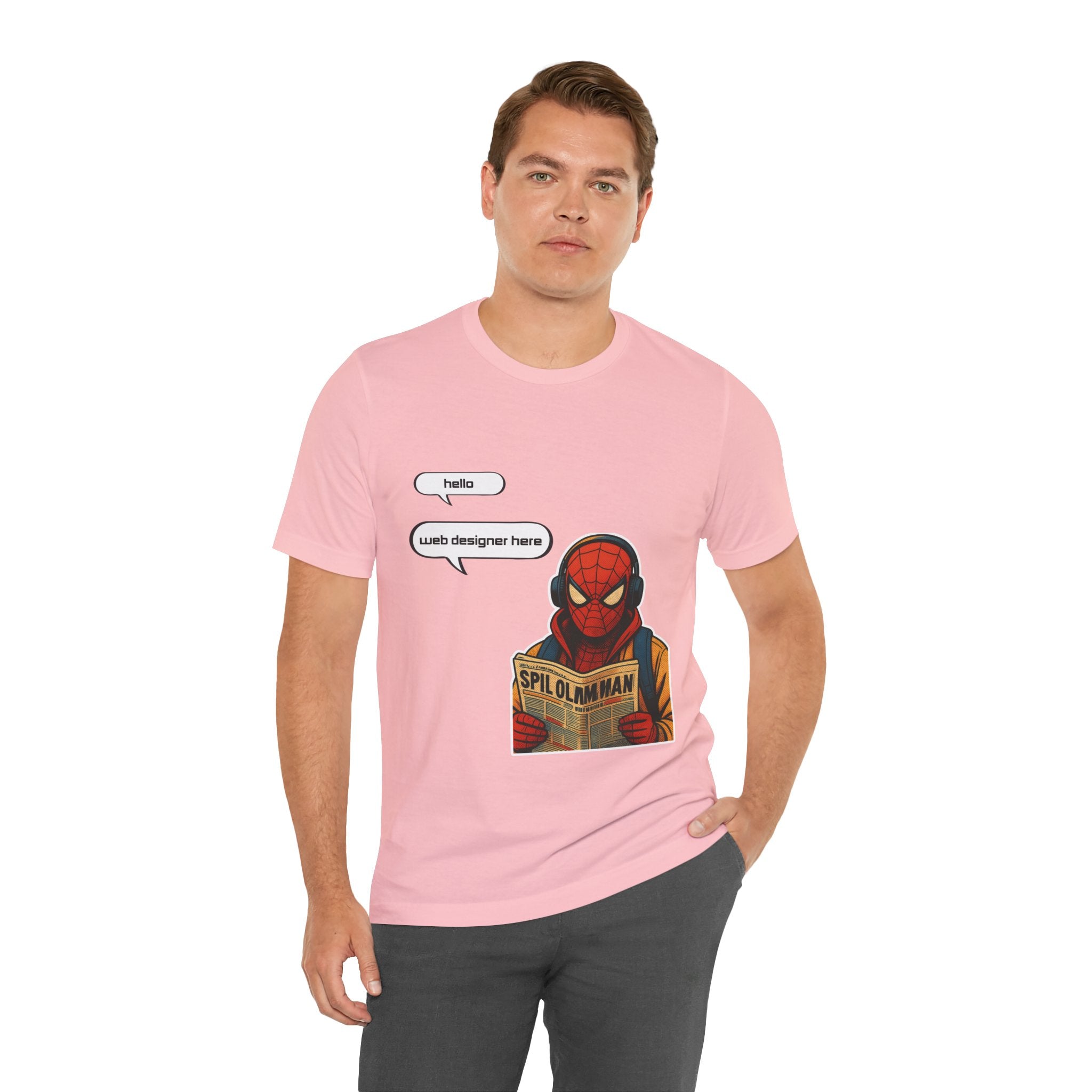 Spider Comic Tee - Reading 'SPIL OLMAN' Graphic T-Shirt