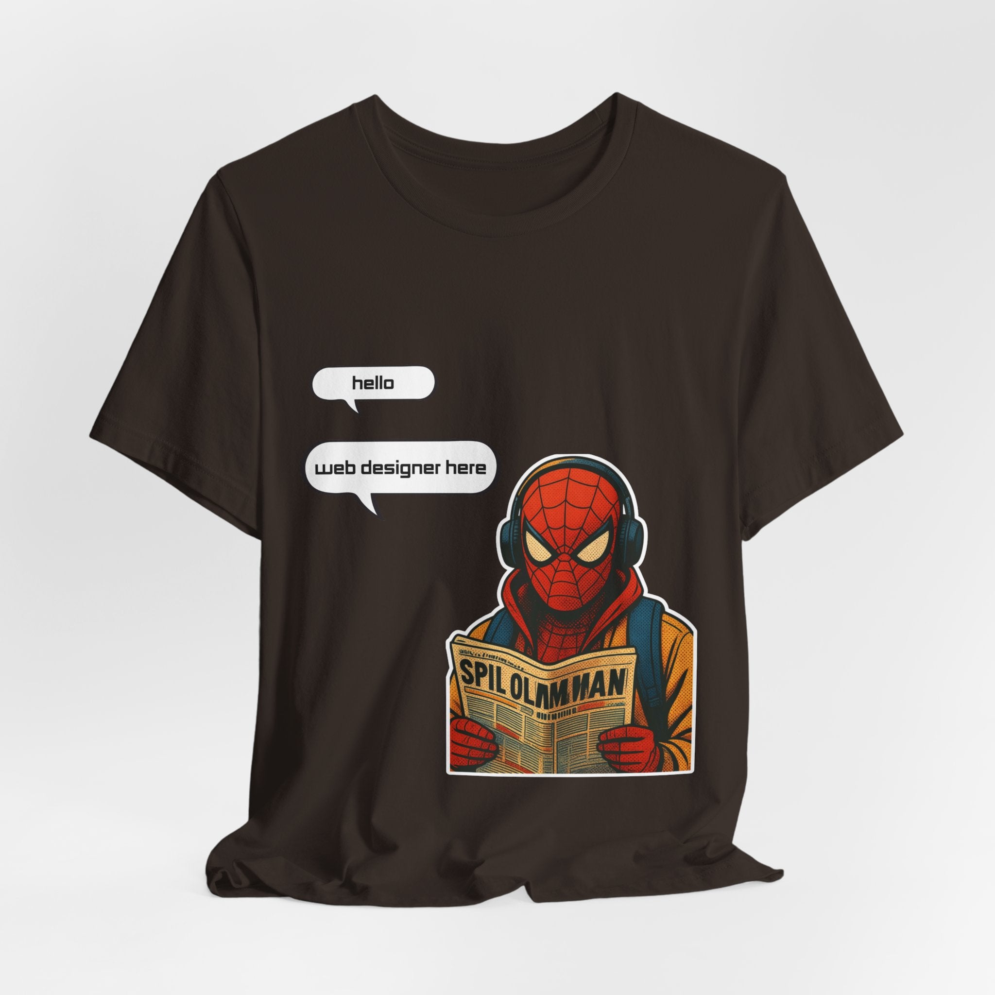 Spider Comic Tee - Reading 'SPIL OLMAN' Graphic T-Shirt
