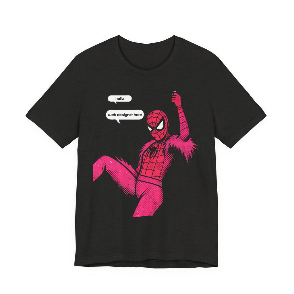Graphic Tee — Pink Spider Costume with Speech Bubbles (“Hello” / “Add designer here”)