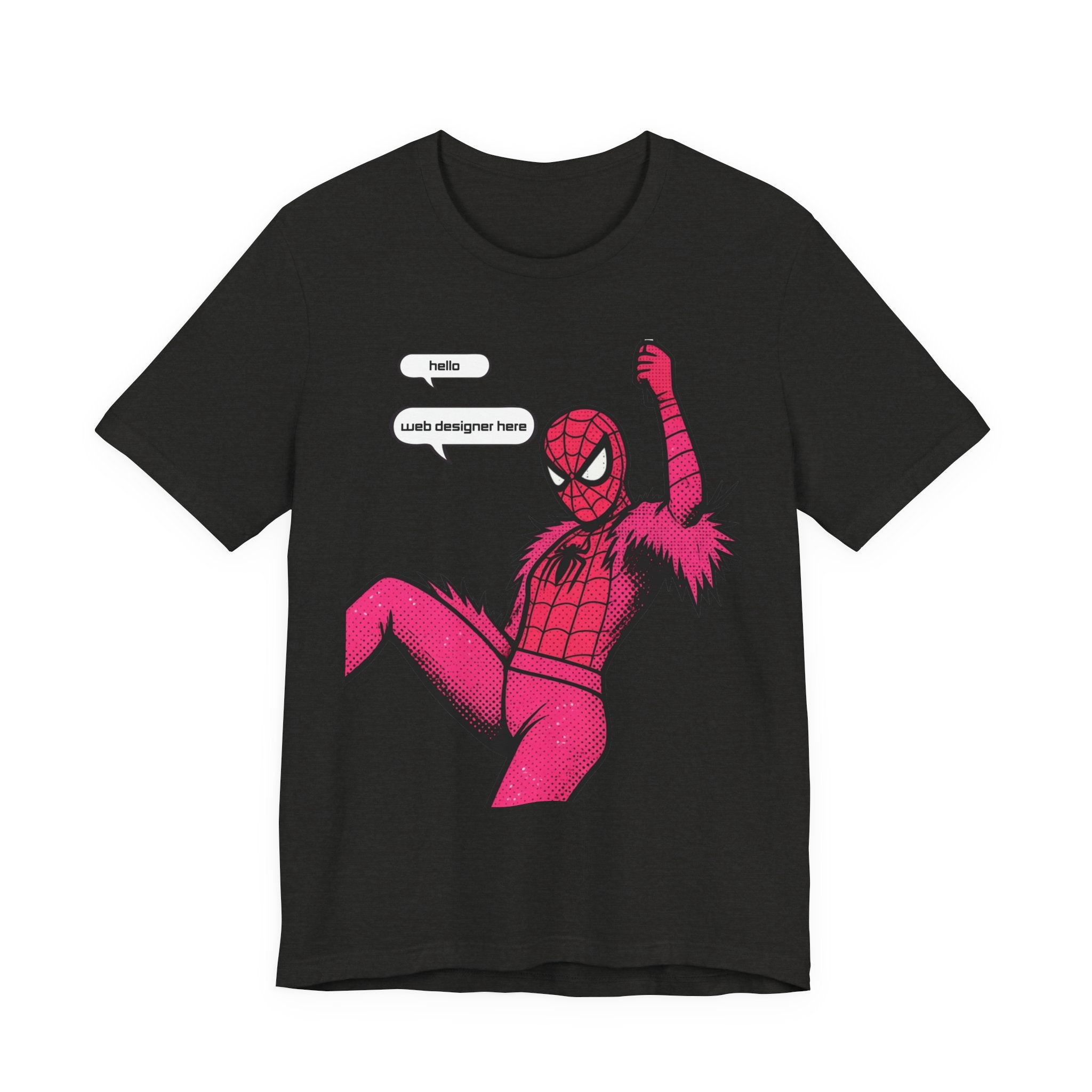Graphic Tee — Pink Spider Costume with Speech Bubbles (“Hello” / “Add designer here”)
