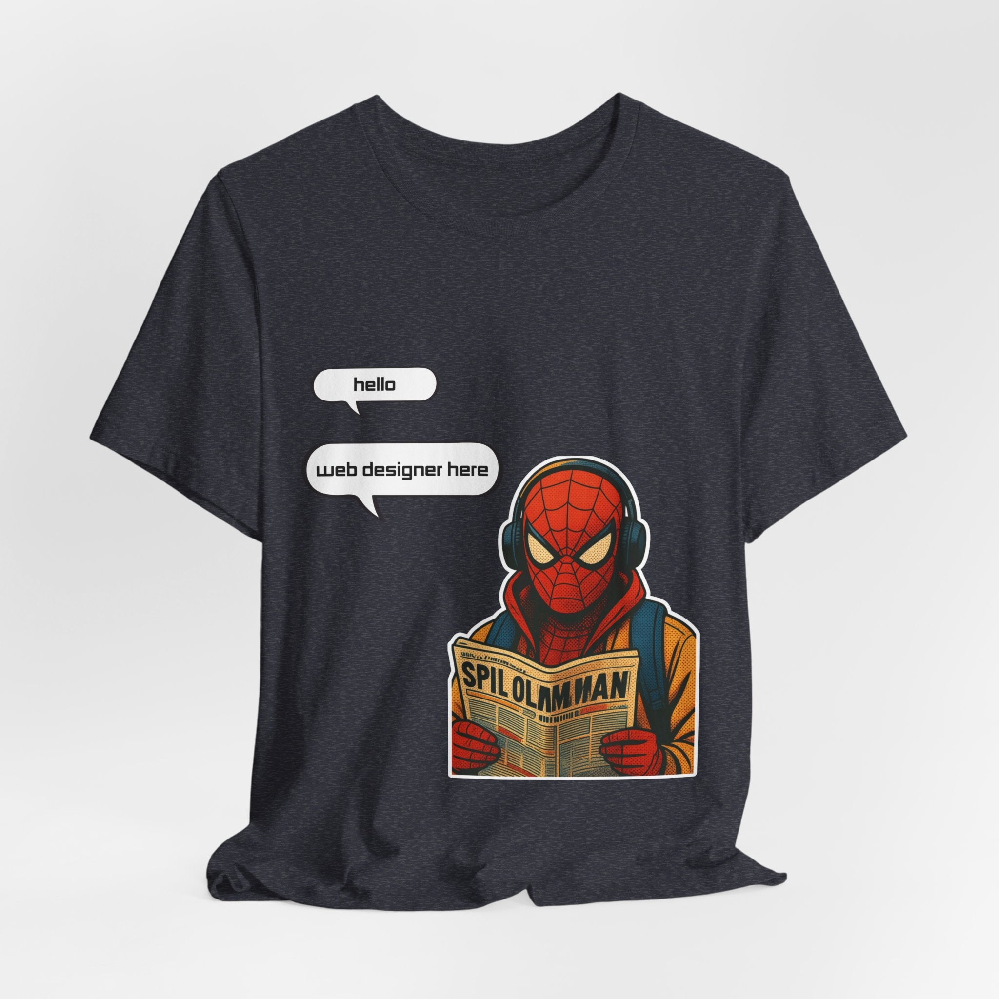 Spider Comic Tee - Reading 'SPIL OLMAN' Graphic T-Shirt