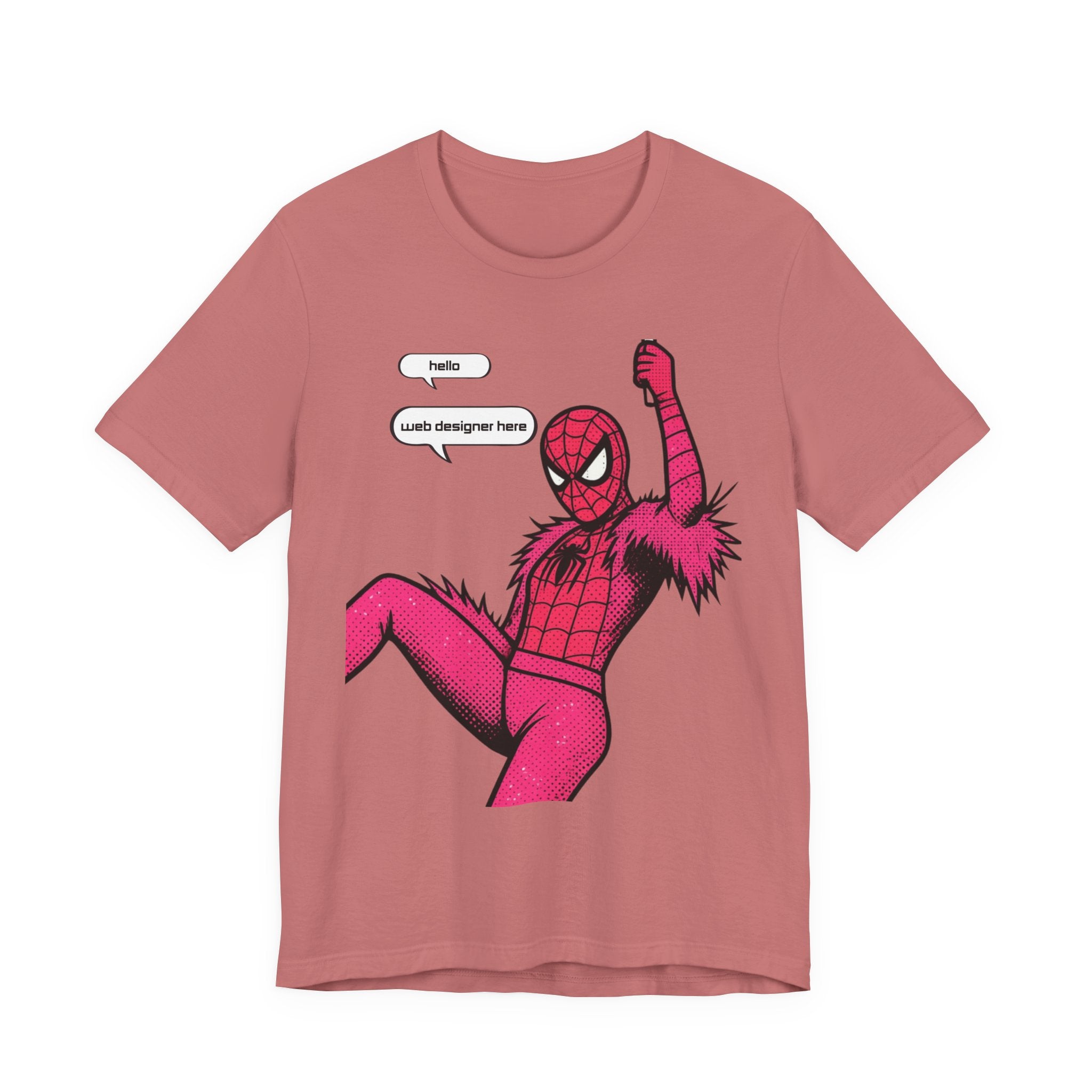 Graphic Tee — Pink Spider Costume with Speech Bubbles (“Hello” / “Add designer here”)